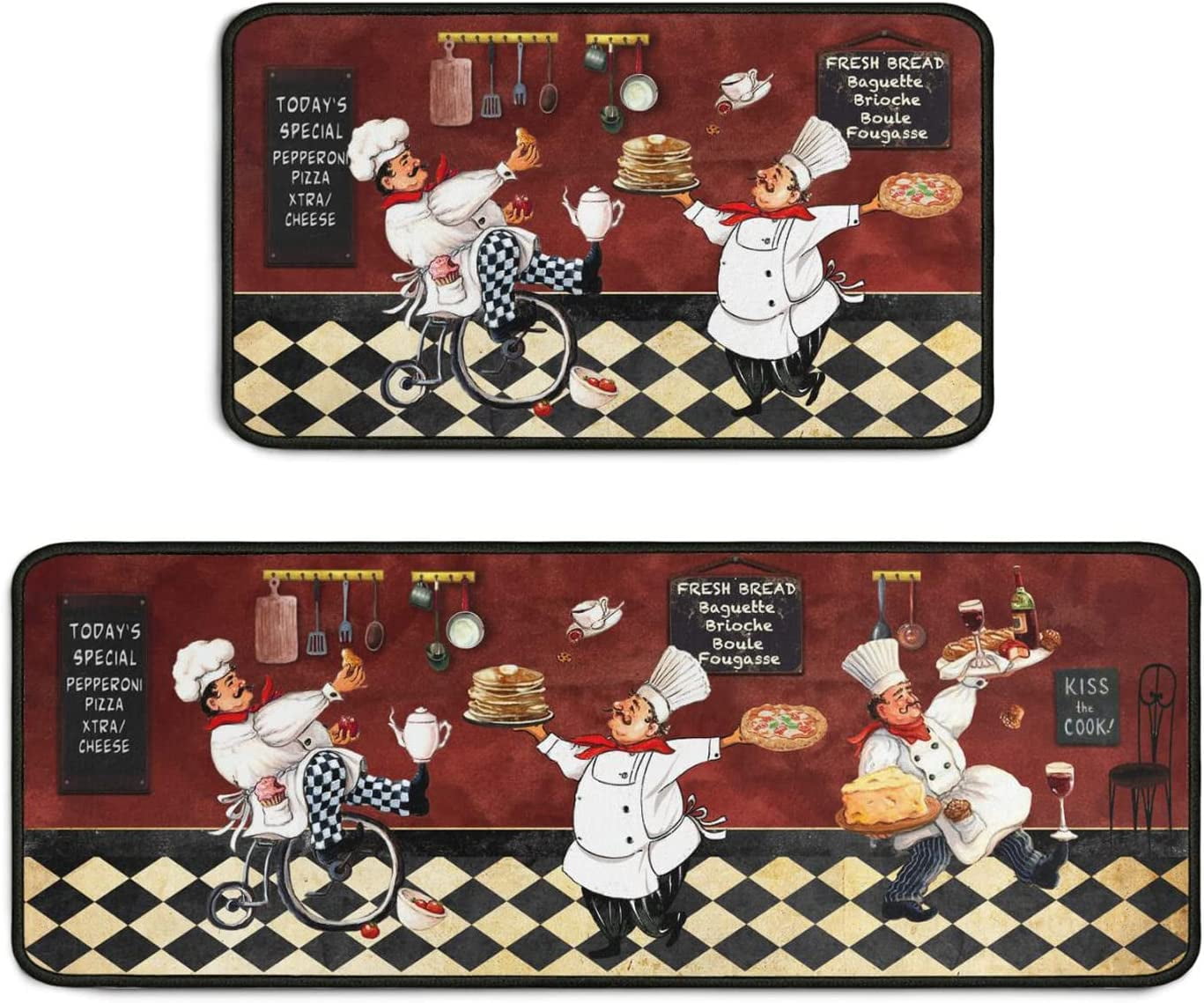 Chef NonSlip Kitchen Rugs Set (17x30+17x47 Inch), Washable, Fat Chef