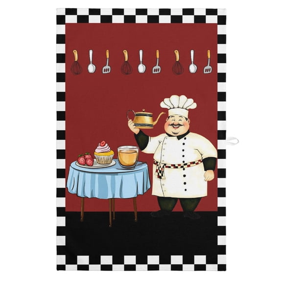 Chef Kitchen Towels, Absorbent Microfiber Kitchen Dish Hand Tea Bath Towel, Cartoon Red Food Cooking Black White Buffalo Check Quick Dry Cleaning Cloth Dishclothes Decorative Sets, (1-PC, 18x28)