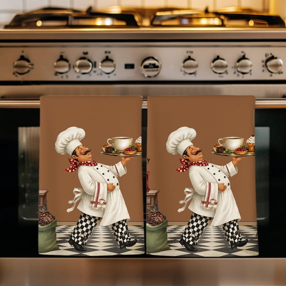 Chef Kitchen Towels Set of 2, Brown Funny Cook Farmhouse Black White Plaid Absorbent Dish Towels for Kitchen, Microfiber Hand Towel, Quick Drying Tea Towel for Cleaning Decorative Dishcloths