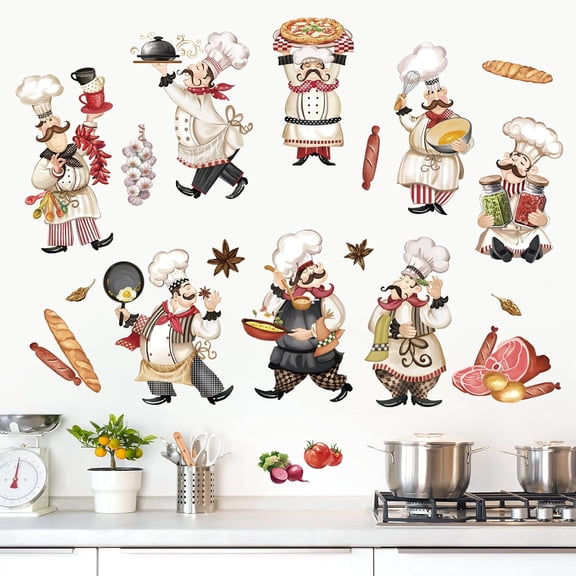 Chef Kitchen Wall Stickers Food Cooking Kitchenware Peel and Stick Wall Art Decals for Kitchen Dining Room Restaurant Fridge Canteen Home Decor