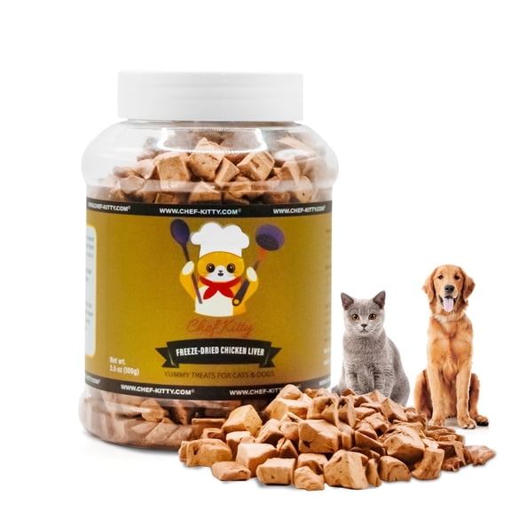 Chef Kitty Freeze Dried Chicken Liver Topper for Cats and Dogs, 3.5 oz Bottle