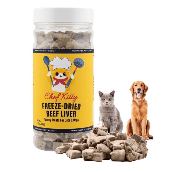 Chef Kitty Freeze Dried Beef Liver Cat Treats & Dog Treats, Single Ingredient Human Grade Beef Liver, High Protein Grain Free Pet Treats, 2.1 oz
