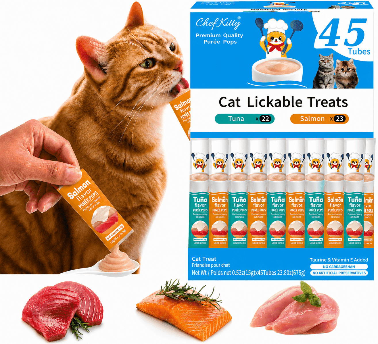 Chef Kitty Lickable Cat Treats, Creamy Puree Squeeze Up Tubes, Seafood Variety Wet Cat Treats, 45 Count