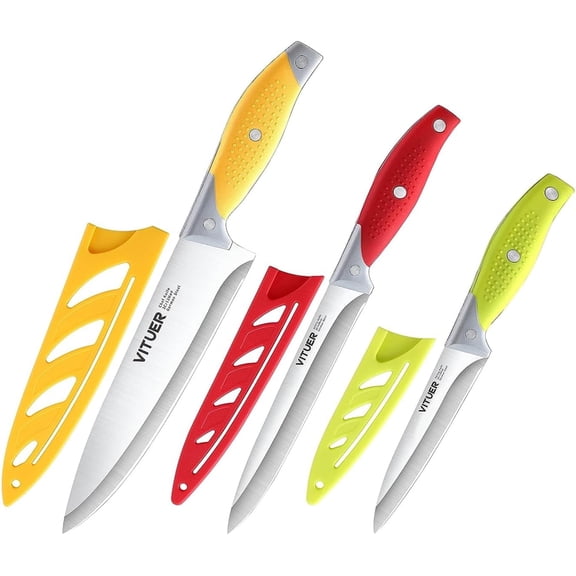 Chef Knife, 3PCS Kitchen Knife, Multicolor Stainless Steel Sharp Chef Knife Set (3Pack, Yellow, Red, Green)