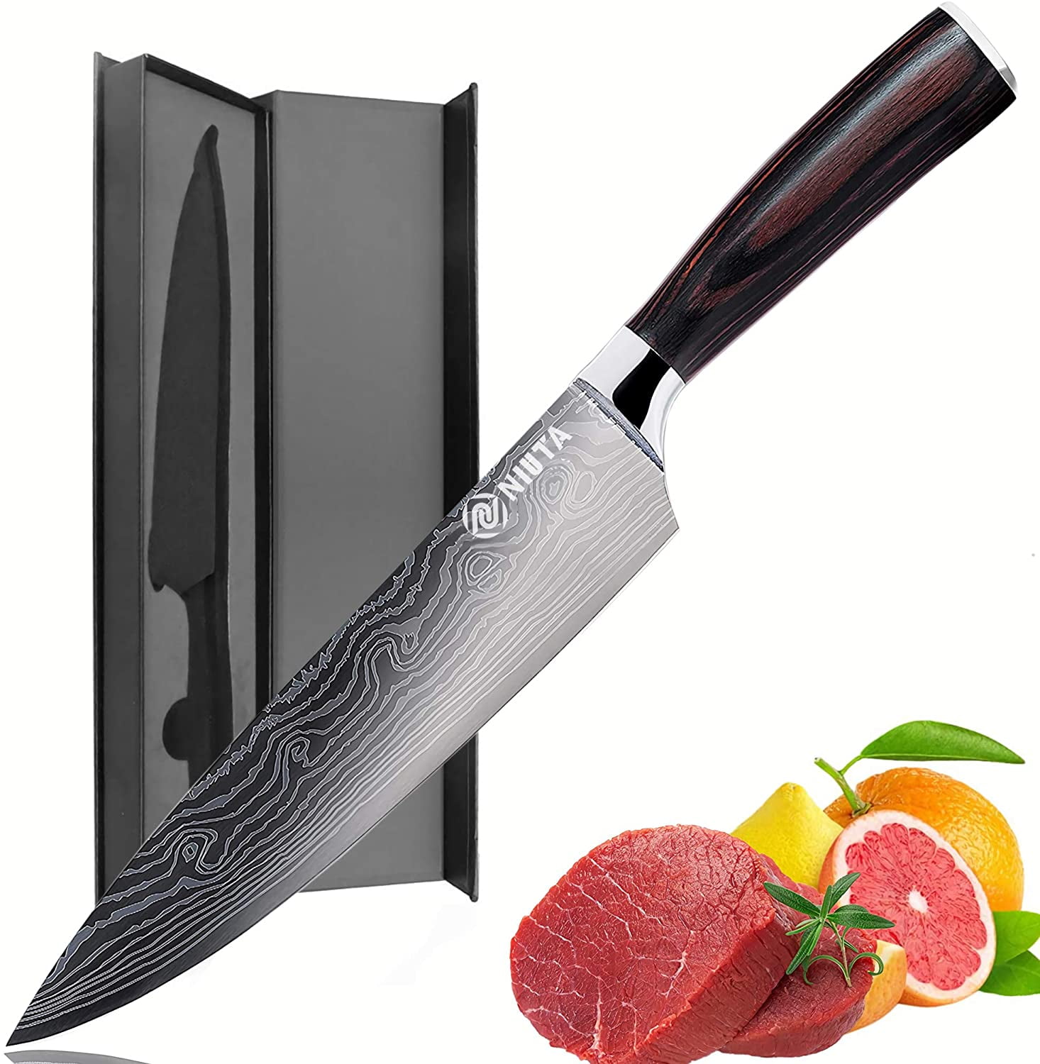 ALLWIN-HOUSEWARE W Beauty German High Carbon Stainless Steel Chef Knife  with Laser Pattern, 8 Inch Color Wood Handle Gyutou Knife, 3D Black