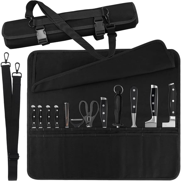 Chef Knife Bag With 24 Slots Cutlery Knives Holders Protectors, Kitchen Travel Cooking Tools, Portable Canvas Roll Storage Case for Camping or Working with an Adjustable Shoulder Strap