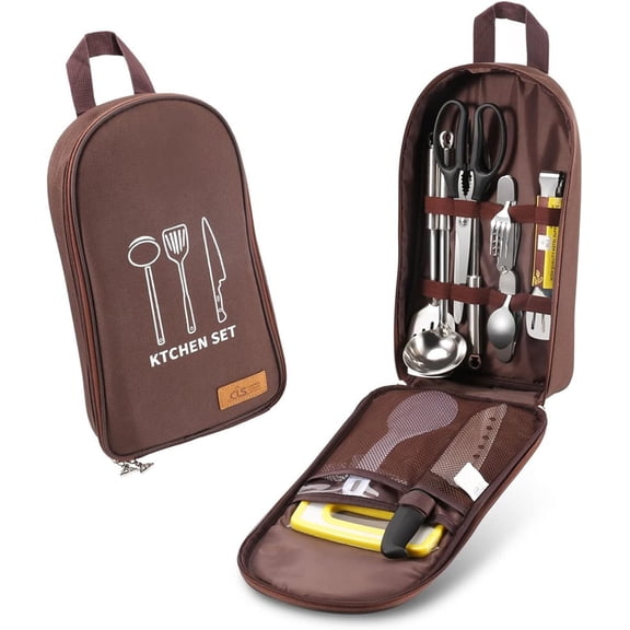 Chef Knife Bag ,Camping Utensil Bag Portable Silverware Bag Travel Cookware Storage ,Knife Backpack and Waterproof Chef Bag,Tote Picnic BBQ Tableware Fork Spoon Chopsticks Organizer (Brown)