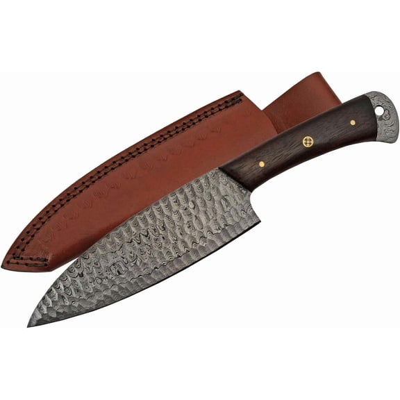 SZCO 10.5" Hammer Chef Style Knife with 6" Damascus Blade, Wood Handle, Brass Pins & Leather Sheath