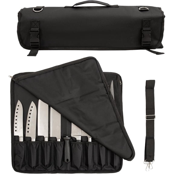 Chef Knife Roll Bag, Oxford Cloth knife bags for chefs professional, Portable 15 Slots chef bag With Zipper Close, With Adjustable Shoulder Strap knife carrying case Hold Home Kitchen Knife Tools