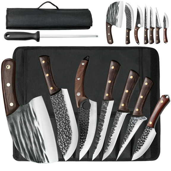 Chef Knife Set 8 PCS,Kepeak High Carbon Steel Hand Forged Kitchen Knife Set with Roll Bag