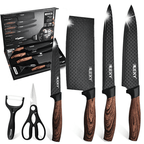 Chef Knife Set, DFITO 6Pcs Stainless Steel Kitchen Knife Set, Non-Stick Coating, Ultra Sharp, Dishwasher Safe