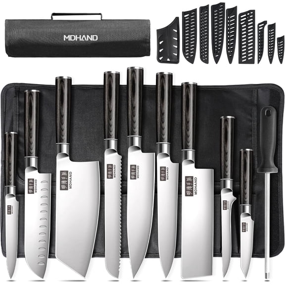 Chef Knife Set with Roll Bag, 10PCS Professional Knife Set with Sharpener, High Carbon Stainless Steel Japanese Kitchen Knives - Black Pakkawood Handle, Dishwasher Safe, For Cooking, Chef Gifts