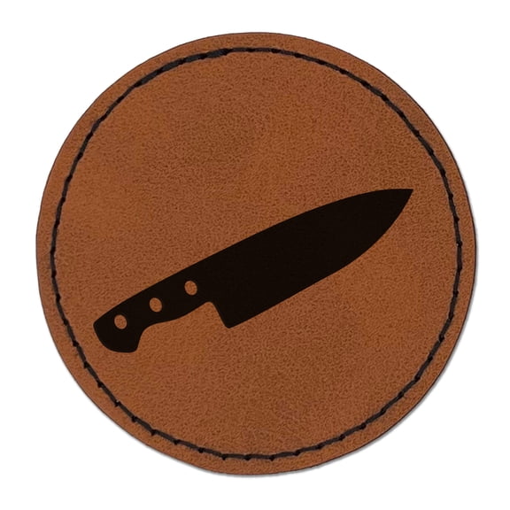Chef Knife for Cooking 2.5" Faux Leather Round Engraved Iron-On Patch - Brown
