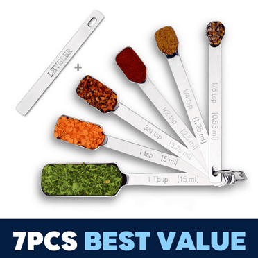 Chef Measuring Spoons Set - 7 pieces, Heavy-Duty Stainless Steel, Narrow, Long Handle Design for Dry or Liquid, Fits in Spice Jar, Cooking Baking Measurement Tools, Set of 7 Includes Leveler