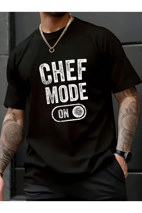 Chef Mode On Men's Black T-Shirt Funny Cooking Culinary Graphic Tee Retro Distressed Professional Cook Apparel Short Sleeve Casual Top
