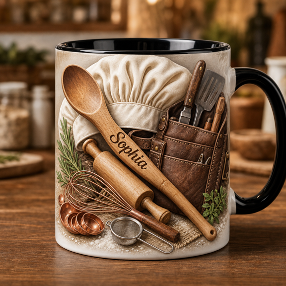 Chef Mug 2D Printed 3D Effect with Custom Name, Chef Hat & Kitchen Tools ,mug gift, coffee mug, ceramic mug
