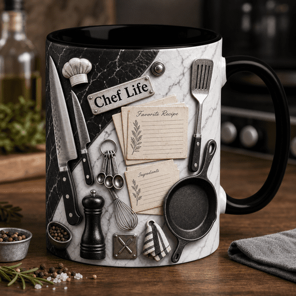 Chef Mug 3D Effect Black Marble Kitchen Coffee Cup Gift for Cooks and Bakers