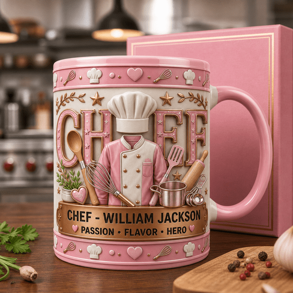 Chef Mug 3D Effect Pink Coffee Cup, Cooking Gift for Chef or Kitchen Pro