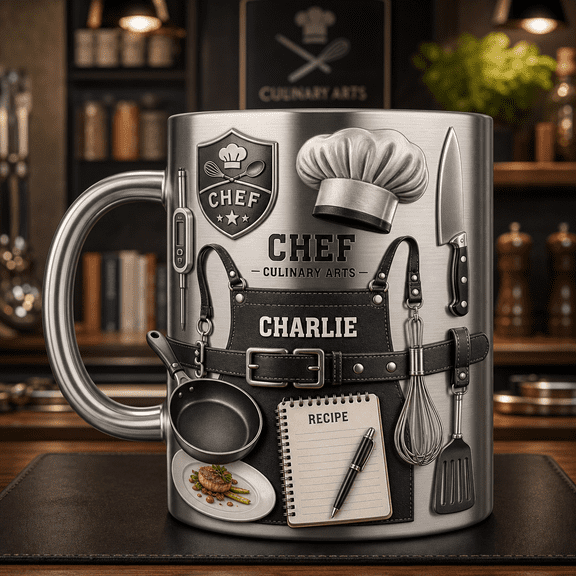 Chef Mug 3D Effect Silver Custom Name Apron Design Culinary Arts Gift