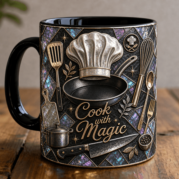 Chef Mug 3D Effect with Chef Hat, Knife & Pan Kitchen Icons Gift for Cooks