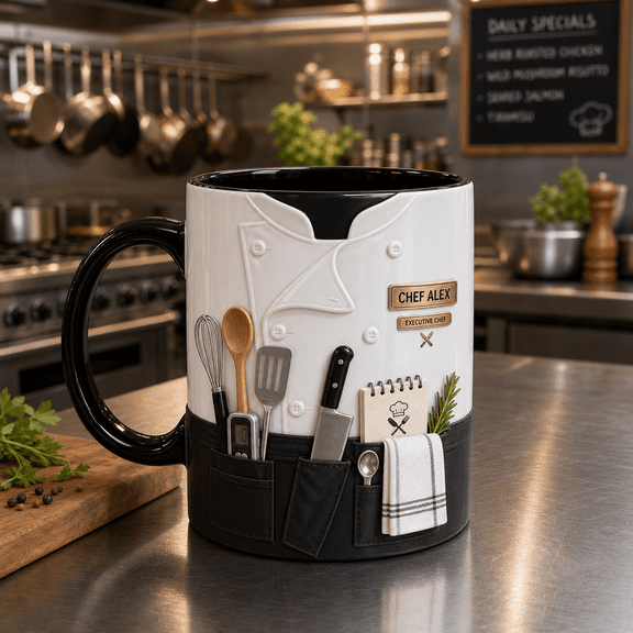 Chef Mug 3D Effect with Coat Apron Design, Culinary Gift for Kitchen Pros