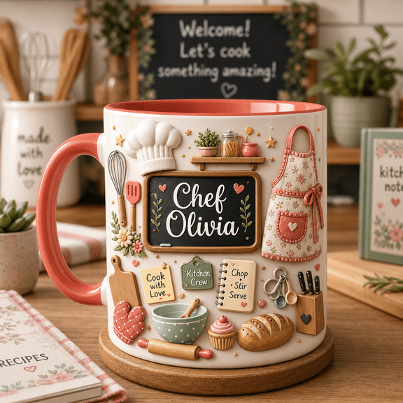 Chef Mug Custom Name Coffee Mug, Personalized Kitchen Worker Gift for Cooks & Bakers