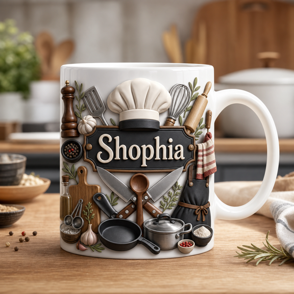 Chef Mug Personalized Name Gift Mug with Chef Hat Kitchen Tools Design