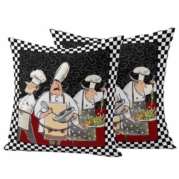 Chef Outdoor Waterproof Pillow Covers, Cartoon Cute Watercolor Cooking Black Plaid Decorative Square Throw Pillowcase Sofa Cushion Sham for Patio/Couch/Chair, 20"x20" 2 Pack