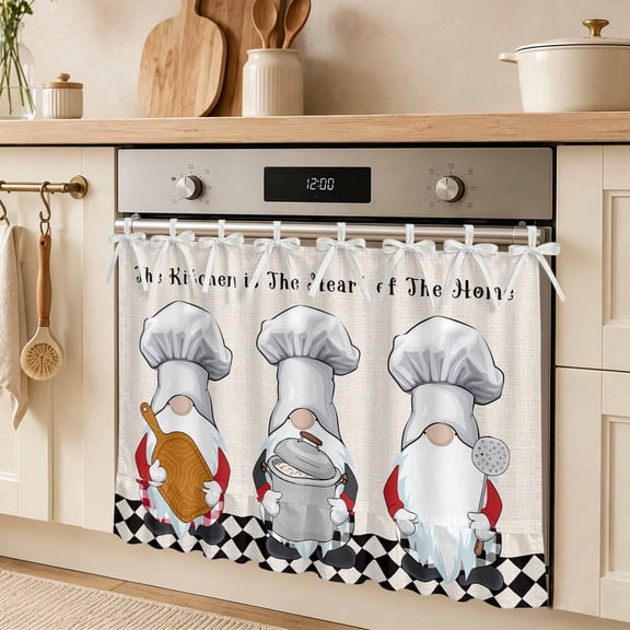 The Chef Oven Skirt Curtain for Door Gnome Kitchen Linen Black Buffalo Plaid Stove Cover with Ruffled Trim & Ribbon Ties, Appliance Cover for Dishwasher Cabinet Kitchen Decor 27x20 Inch