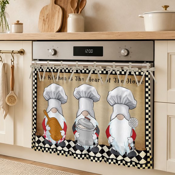 The Chef Oven Skirt Curtain for Door Gnome Kitchen Retro Black Buffalo Plaid Stove Cover with Ruffled Trim & Ribbon Ties, Appliance Cover for Dishwasher Cabinet Kitchen Decor 27x20 Inch