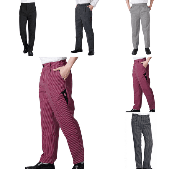 Chef Pants Men Elastic Waist Baggy Pants Cook Bottom Restaurant Kitchen Food Service Work Uniform Trouse with Pockets Red XL