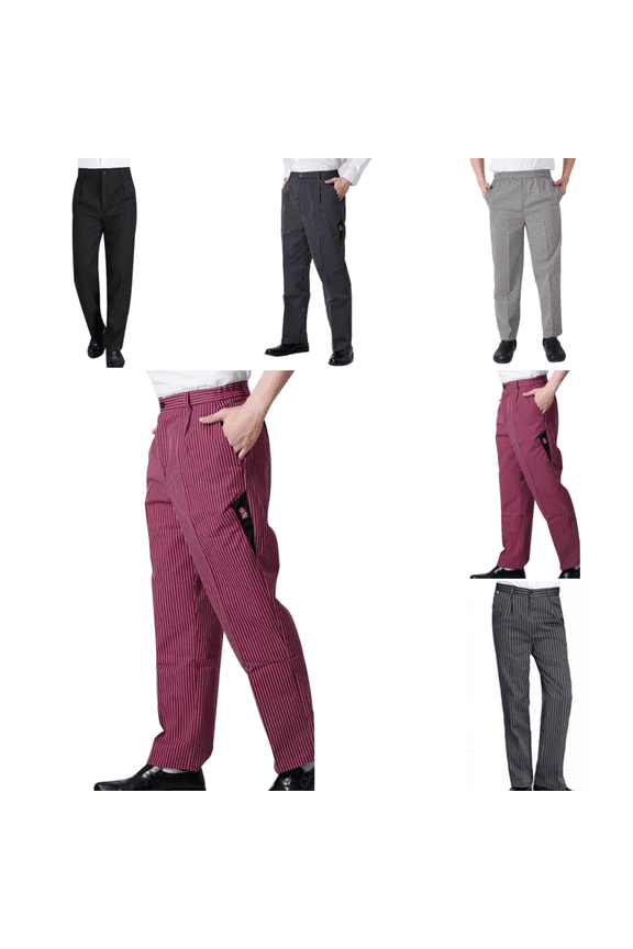Chef Pants Men Elastic Waist Baggy Pants Cook Bottom Restaurant Kitchen Food Service Work Uniform Trouse with Pockets Red XL