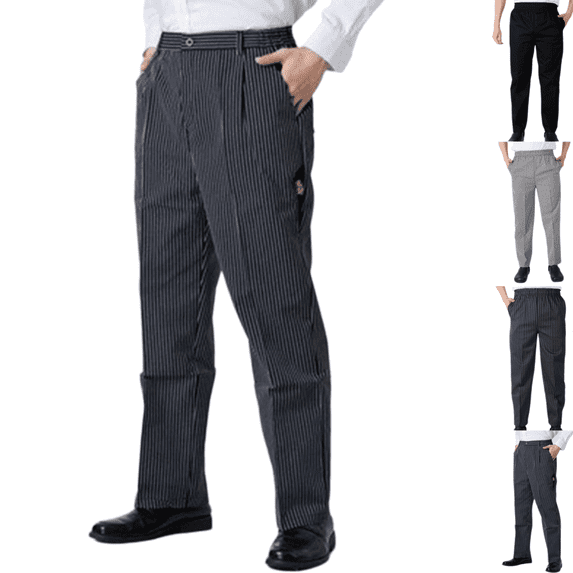 Chef Pants for Men Trendy Casual Striped Elastic Waist Work Pants Lightweight Comfy Classic Fit Working Uniform with Pockets Dark Gray 2XL