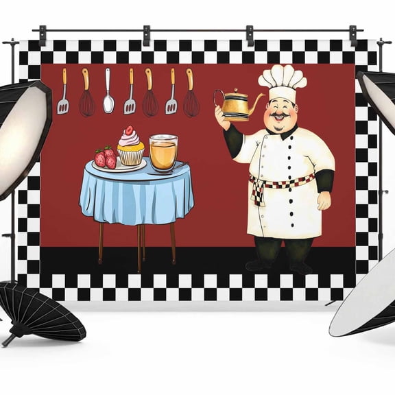 Chef Photography Backdrop 7x5FT, Red Kitchen Dessert Food Black White Plaid Photo Backdrops, Background for Photography Studio Photo Studio Background, Back Drop for Photoshoot