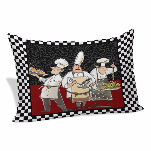 Chef Pillow Covers, Linen Long Throw Pillow Case, Cartoon Cute Watercolor Cooking Black Plaid Holiday Pillow Protector Decorative Cushion Cover for Living Room/Bedroom 20" x 36"