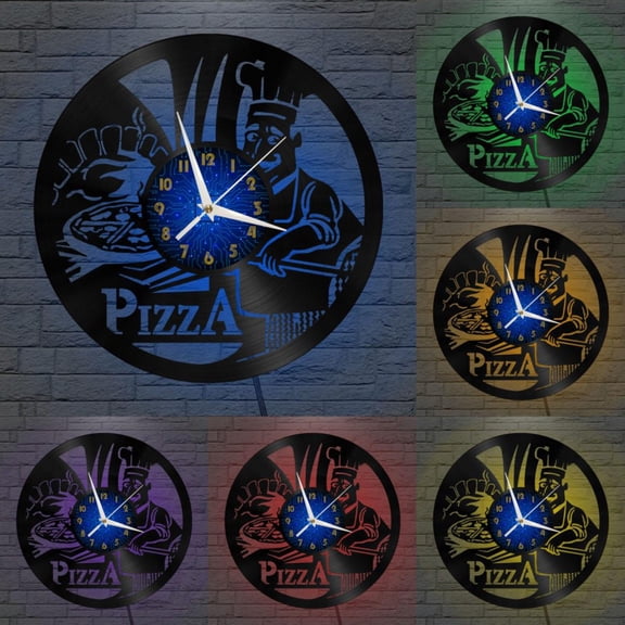 Chef Pizza 12 Inch Vinyl Record Wall Clock - Silent, Creative, and Unique Clock for Living Room, Entryway, or Bedroom Decor - Perfect Gift Idea(12 inchs B with LED)