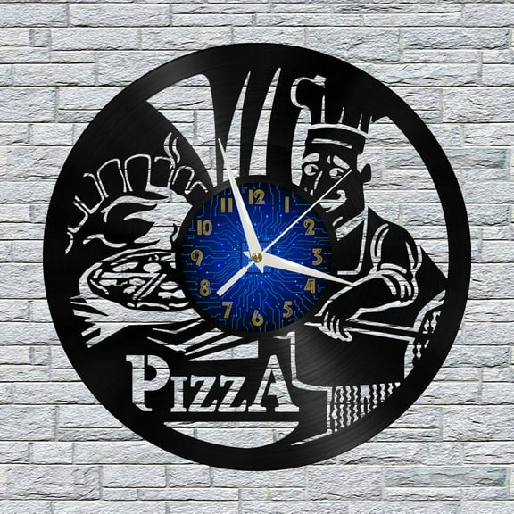 Chef Pizza 12 Inch Vinyl Record Wall Clock - Silent, Creative, and Unique Clock for Living Room, Entryway, or Bedroom Decor - Perfect Gift Idea(12 inchs B without LED)