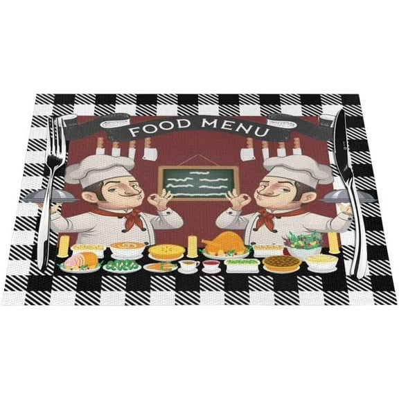 Chef Placemats for Dining Table, Farmhouse Funny Set of 4, Heat-Resistant Washable Red Small Mats, Table Mats for Holiday Party, Kitchen Decor (18" L x 12" W)