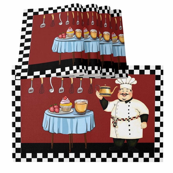 Chef Placemats for Dinning Table Set of 6, Cartoon Red Food Cooking Black White Buffalo Check Burlap Kitchen Place Mats Waterproof Cloth Table Mats, Indoor Outdoor Placemats Easy Clean Dinner Decor