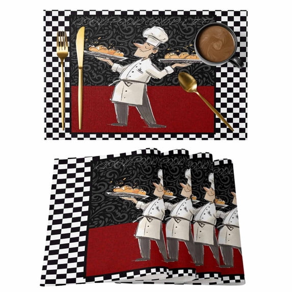 Chef Placemats Set of 6, Cartoon Cute Watercolor Cooking Red Black Placemats for Dining Table, Place Mats for Kitchen Tabletop, Waterproof Wipeable Dining Table Mats Set