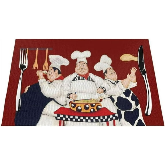 Chef Placemats Set of 6，Three Chefs Heat Resistant Non-Slip Artwork Dining Placemats Washable Table Mats for Home Kitchen (18" L x 12" W)
