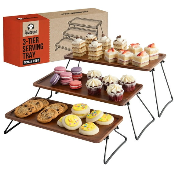 Chef Pomodoro 3 Tiered Serving Trays & Platters with Non-Slip Base for Food Display, Cupcake Stand, Elevated Charcuterie Board Cake Stand, Wooden Tiered Dessert Serving Stand for Parties and Events