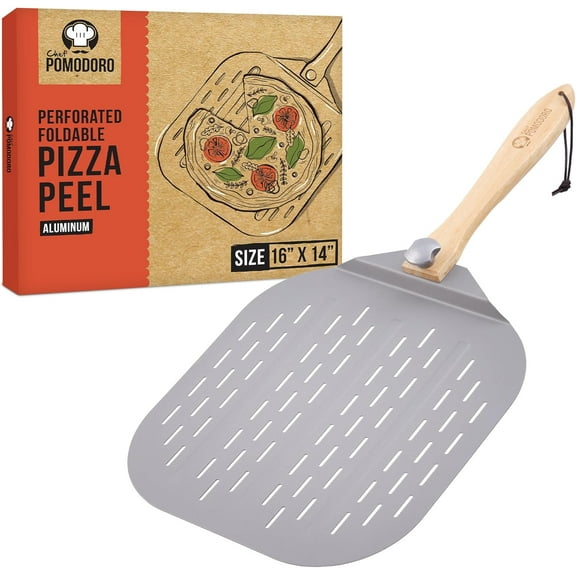 Chef Pomodoro Aluminum Metal Pizza Peel with Foldable Wood Handle for Easy Storage, Pizza Spatula, Gourmet Luxury Pizza Paddle for Baking Homemade Pizza Bread (16 inch)