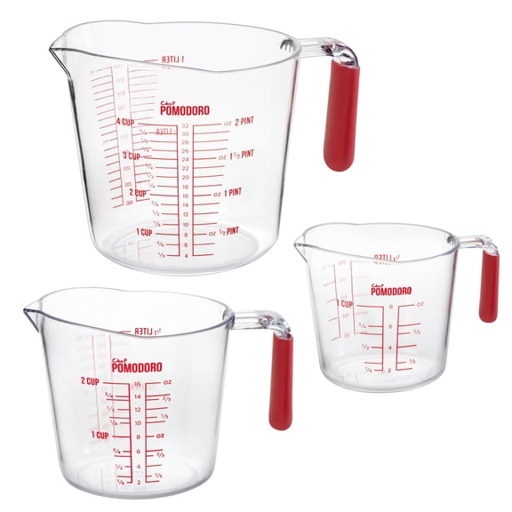 Chef Pomodoro Measuring Cups Set, Liquid Measuring Cups with Fade-Proof Marks for Dry and Wet Ingredients, Durable Plastic Cup with handle, Kitchen Measure Tools for Baking & Cooking