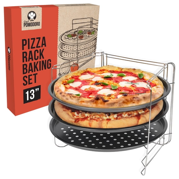 Chef Pomodoro Pizza Baking Set with 3 Pizza Pans and Pizza Rack, Non-Stick (13-Inch Pans)