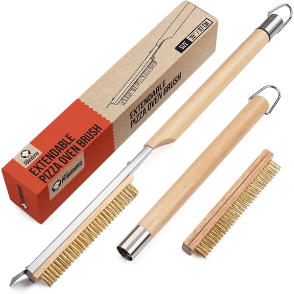 Chef Pomodoro Pizza Oven Brush with Stone Scraper - Heat Resistant Stainless Steel Bristles, Extra Long Handle