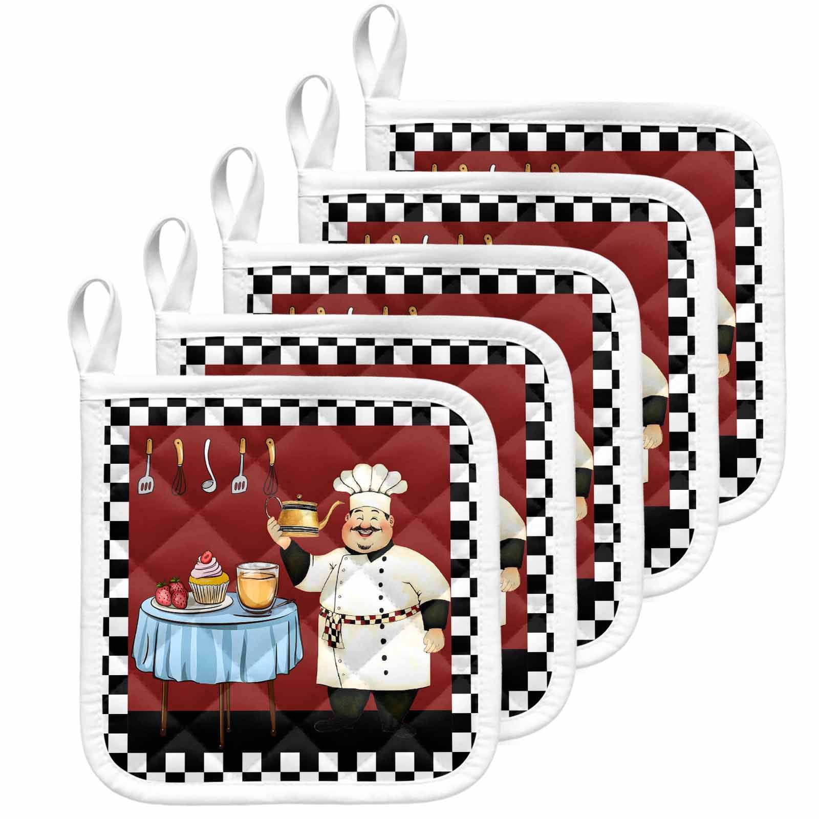 Chef Pot Holders for Kitchen Heatproof Potholder, 5 Pack Cartoon Red Food Cooking Black White Buffalo Check Hot Pads Multipurpose Oven Pads Cloth Potholders Trivet for Cooking Baking