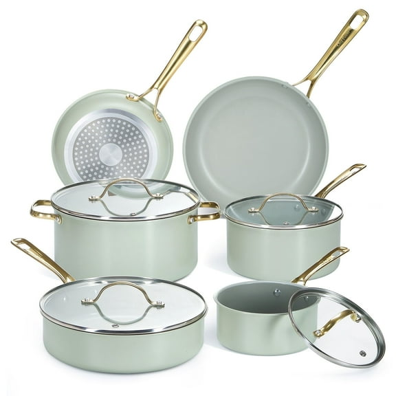 Open Box Chef Power 10 Pcs Ceramic Non Stick Cookware Sets, Pots and Pans Set with Stainless Steel Handle, Dishwasher and Oven Safe, Sage green with Light Gold Handle