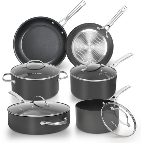 Chef Power 10 Pcs Pots and Pans Set, Hard Anodized Cookware Set, Nonstick Pan, Fit Induction, Oven, Dishwasher, Stainless Steel Handle, Essential