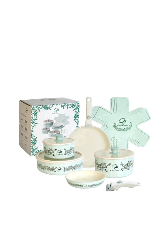 14pcs Nonstick Ceramic Cookware Set, Aquamarine Olive Branch Decals